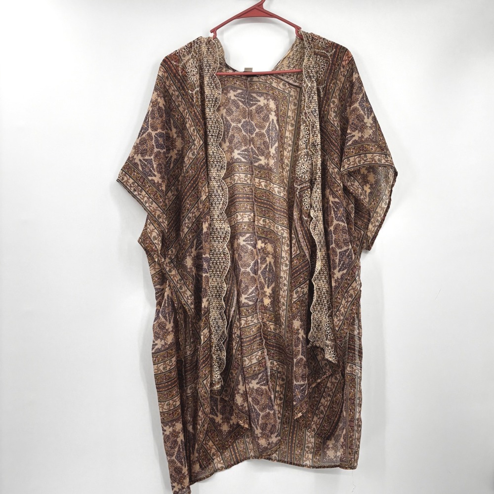 American Eagle Womens Medallion Paisley Kimono Crochet Lace Trim XS S Brown Boho